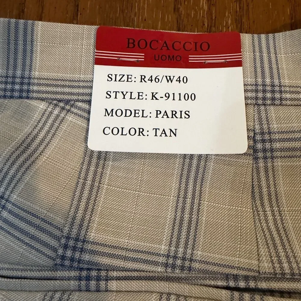 Bocaccio Uomo Paris Dress Pants Mens 40 Tan Blue Windowpane Raw Hem Stretch NWT